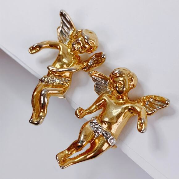 VTG Two-Tone Cherub Angel Clip On Earrings Baroque Revival Figural Romantic - Picture 3 of 11